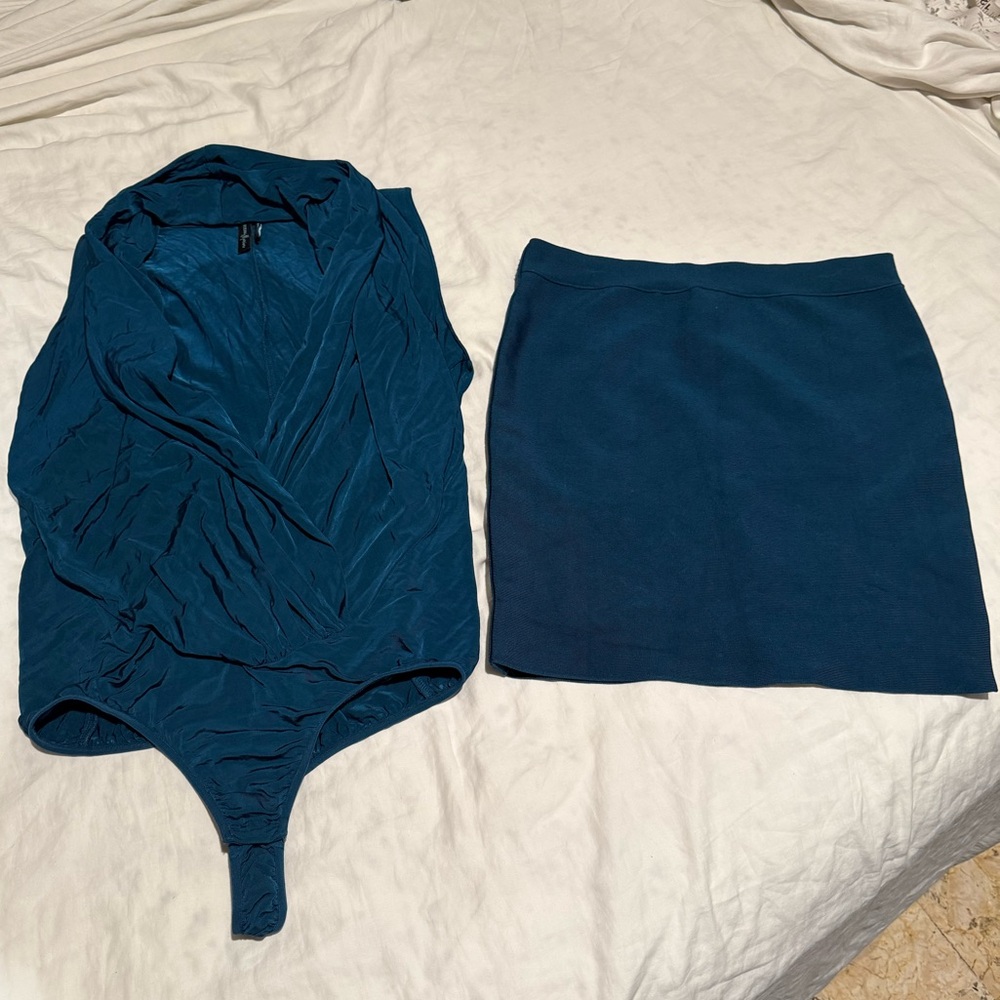 Euc Marciano Turquoise Blue Mini Pencil Bandage Skirt Dana Bodysuit Set M